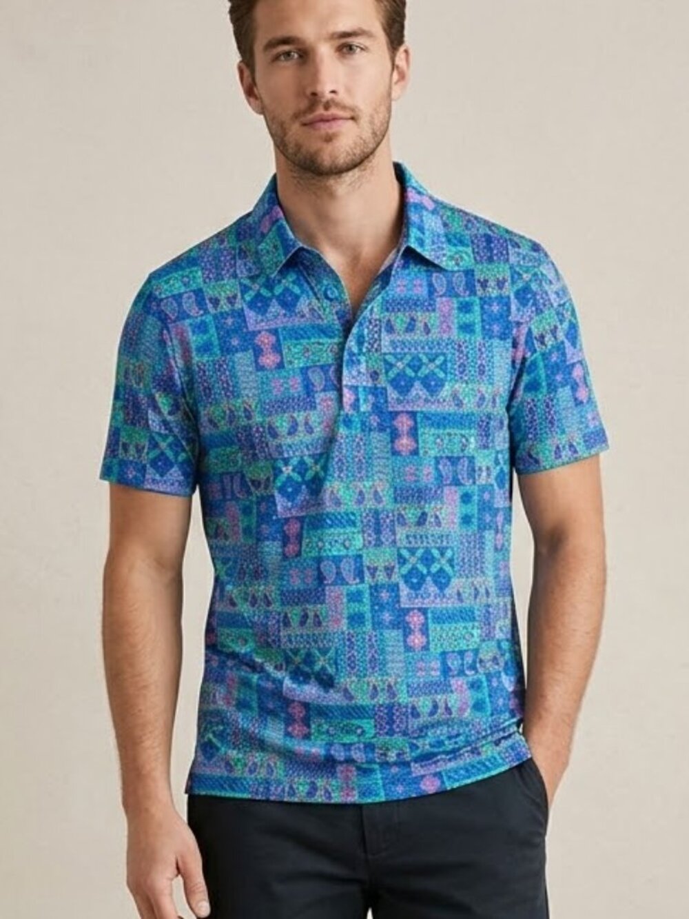 J. Crew Men's Size XL Blue Teal Paisley Performance Polo Coolmax Golf Shirt